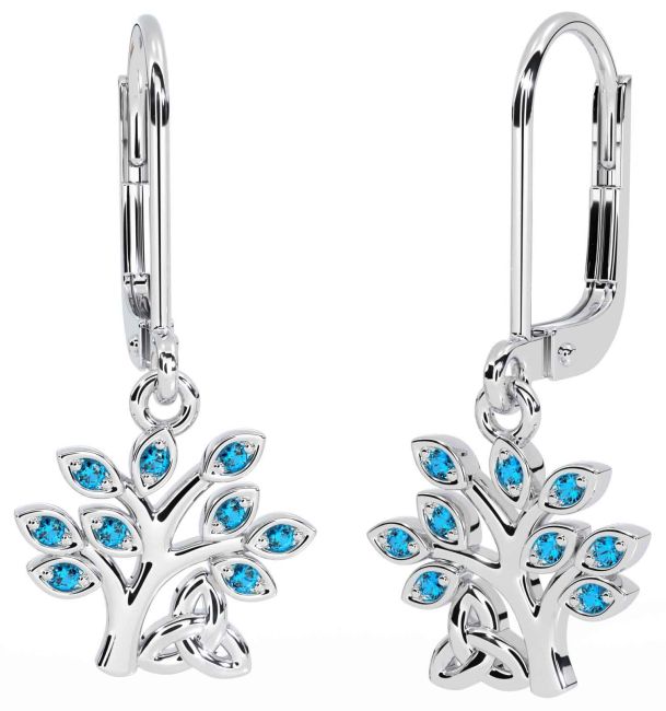 Topaz White Gold Celtic Tree of Life Trinity Knot Dangle Earrings