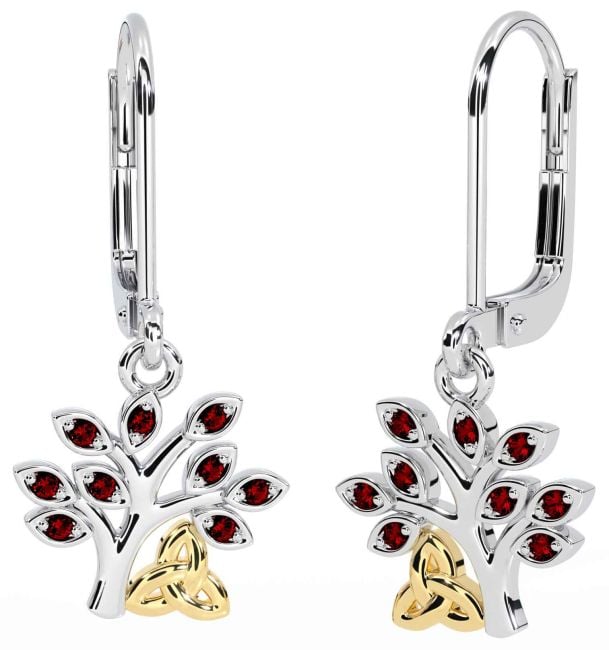 Garnet White Yellow Gold Celtic Tree of Life Trinity Knot Dangle Earrings