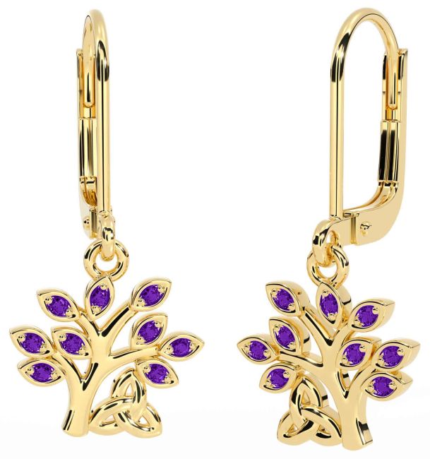 Amethyst Gold Celtic Tree of Life Trinity Knot Dangle Earrings