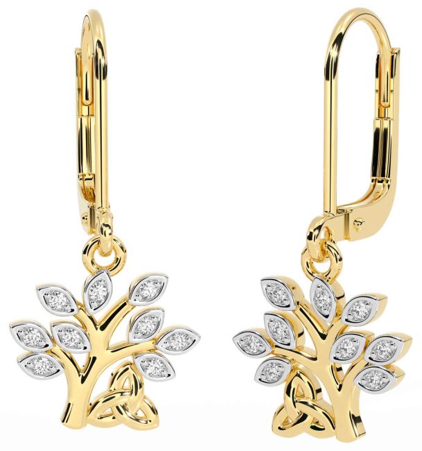 Diamond Gold Celtic Tree of Life Trinity Knot Dangle Earrings