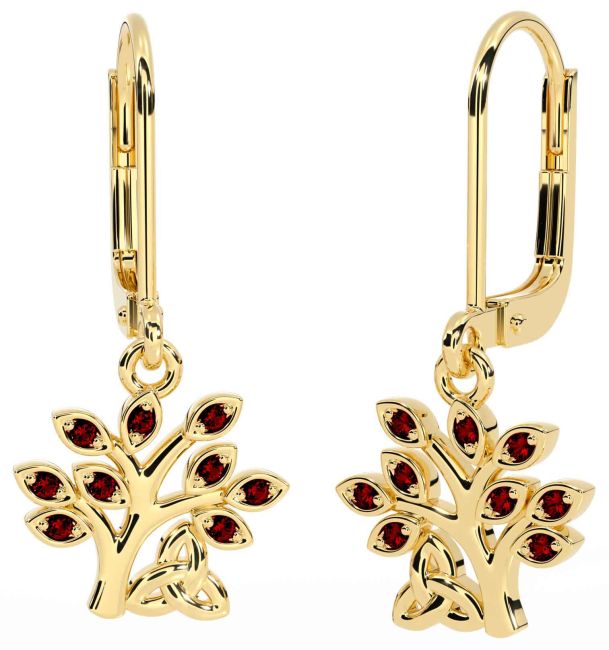 Garnet Gold Celtic Tree of Life Trinity Knot Dangle Earrings