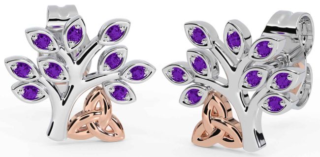 Amethyst Rose Gold Silver Celtic Tree of Life Trinity Knot Stud Earrings