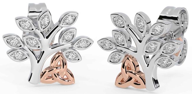 Diamond Rose Gold Silver Celtic Tree of Life Trinity Knot Stud Earrings