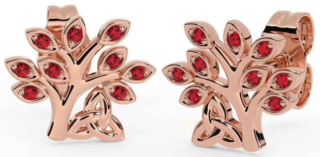 Ruby Rose Gold Silver Celtic Tree of Life Trinity Knot Stud Earrings