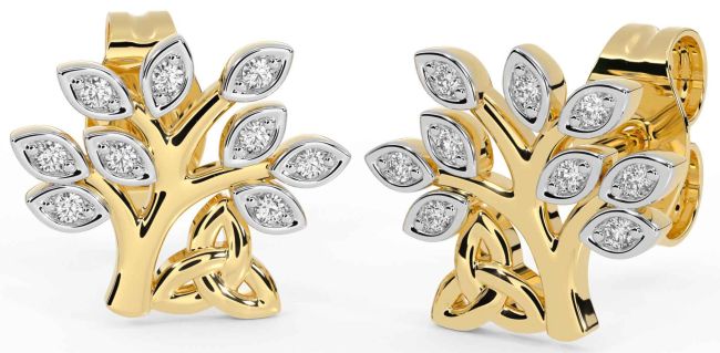 Diamond Gold Silver Celtic Tree of Life Trinity Knot Stud Earrings