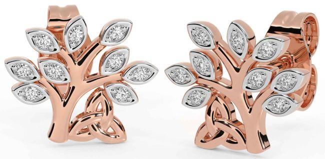 Diamond Rose Gold Celtic Tree of Life Trinity Knot Stud Earrings