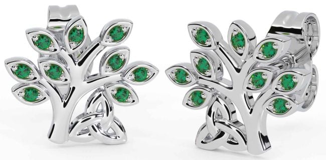 Emerald Silver Celtic Tree of Life Trinity Knot Stud Earrings