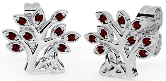 Garnet Silver Celtic Tree of Life Trinity Knot Stud Earrings