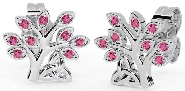 Pink Tourmaline Silver Celtic Tree of Life Trinity Knot Stud Earrings