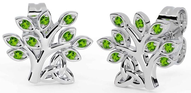 Peridot Silver Celtic Tree of Life Trinity Knot Stud Earrings