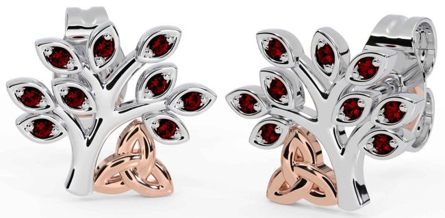Garnet Rose Gold Silver Celtic Tree of Life Trinity Knot Stud Earrings