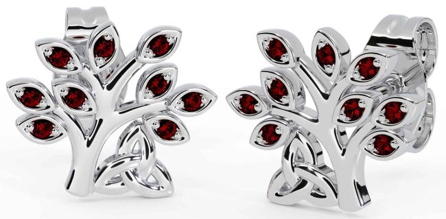 Garnet White Gold Celtic Tree of Life Trinity Knot Stud Earrings