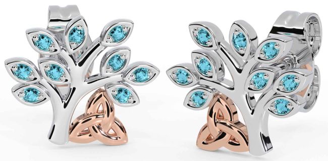 Aquamarine White Rose Gold Celtic Tree of Life Trinity Knot Stud Earrings