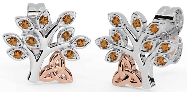 Citrine White Rose Gold Celtic Tree of Life Trinity Knot Stud Earrings