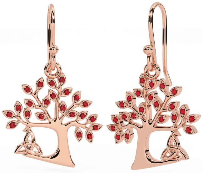 Ruby Rose Gold Silver Celtic Tree of Life Trinity Knot Dangle Earrings