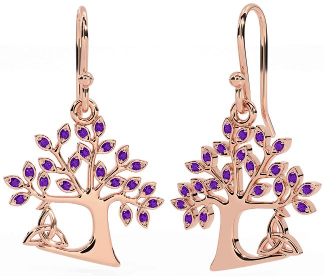 Amethyst Rose Gold Celtic Tree of Life Trinity Knot Dangle Earrings