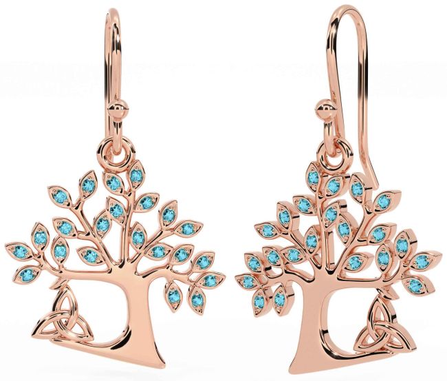 Aquamarine Rose Gold Celtic Tree of Life Trinity Knot Dangle Earrings