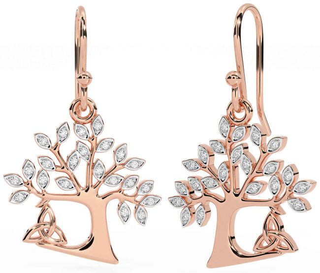 Diamond Rose Gold Celtic Tree of Life Trinity Knot Dangle Earrings