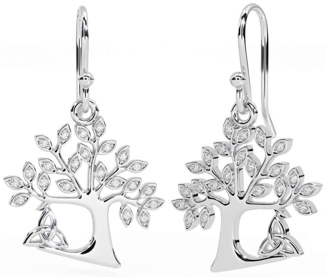 Diamond Silver Celtic Tree of Life Trinity Knot Dangle Earrings