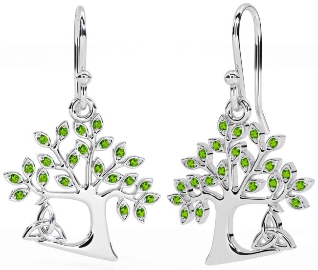 Peridot Silver Celtic Tree of Life Trinity Knot Dangle Earrings