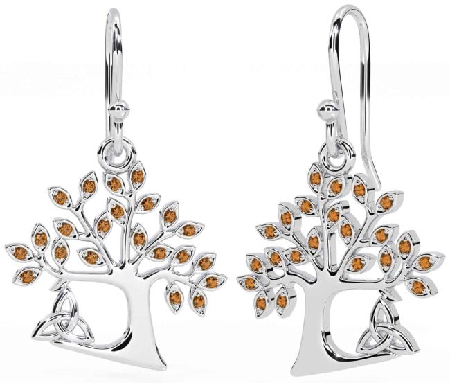 Citrine White Gold Celtic Tree of Life Trinity Knot Dangle Earrings