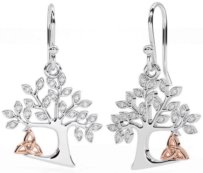 Diamond White Rose Gold Celtic Tree of Life Trinity Knot Dangle Earrings