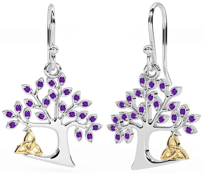 Amethyst White Yellow Gold Celtic Tree of Life Trinity Knot Dangle Earrings