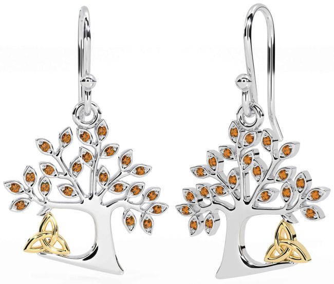 Citrine White Yellow Gold Celtic Tree of Life Trinity Knot Dangle Earrings