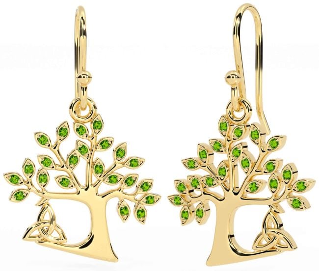 Peridot Gold Celtic Tree of Life Trinity Knot Dangle Earrings