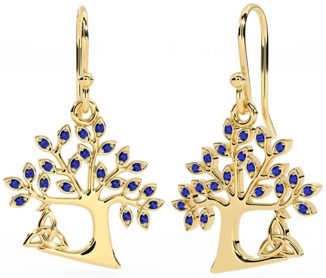 Sapphire Gold Celtic Tree of Life Trinity Knot Dangle Earrings