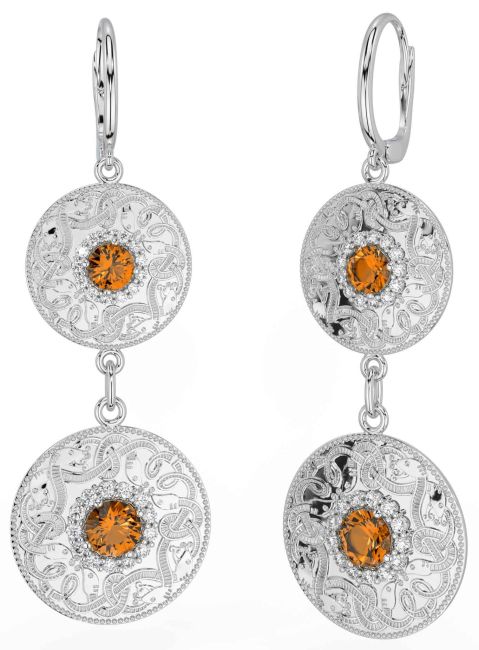 Diamond Citrine Silver Celtic Warrior Dangle Earrings