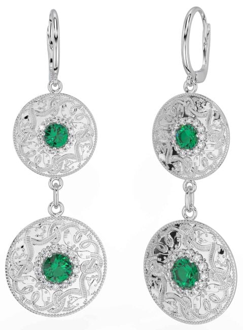 Diamond Emerald Silver Celtic Warrior Dangle Earrings