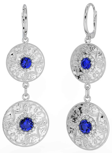 Diamond Sapphire Silver Celtic Warrior Dangle Earrings