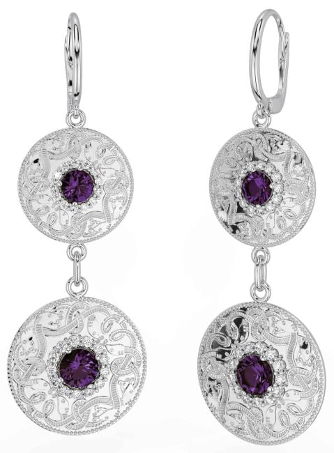 Diamond Alexandrite White Gold Celtic Warrior Dangle Earrings