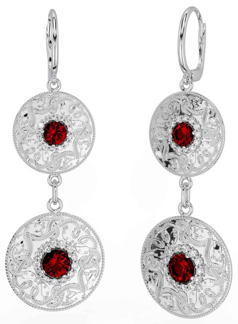 Diamond Garnet White Gold Celtic Warrior Dangle Earrings