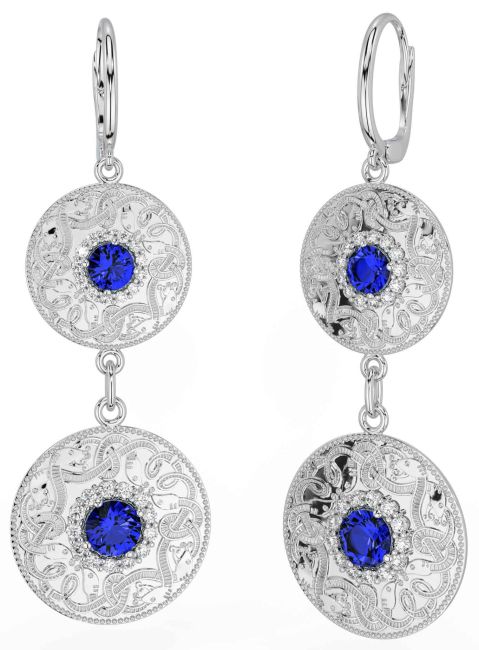 Diamond Sapphire White Gold Celtic Warrior Dangle Earrings