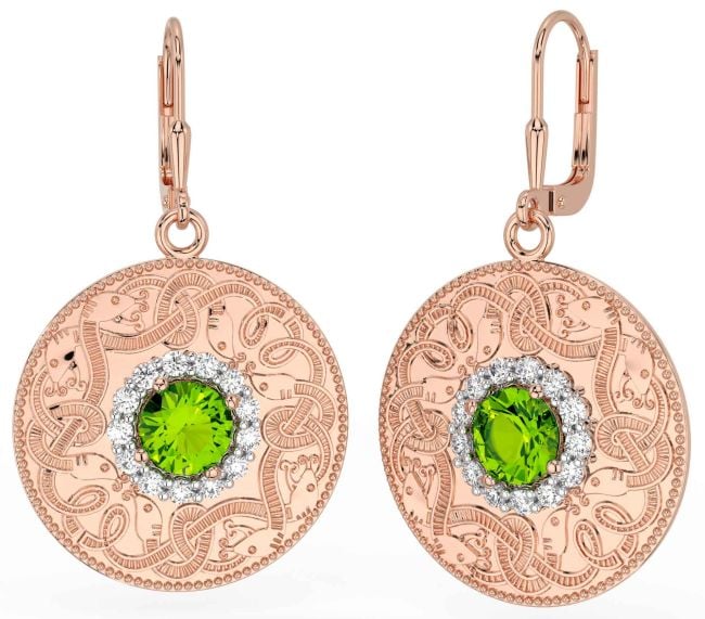Diamond Peridot Rose Gold Silver Celtic Warrior Dangle Earrings