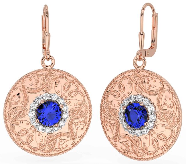 Diamond Sapphire Rose Gold Silver Celtic Warrior Dangle Earrings