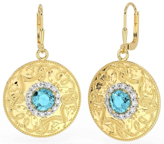 Diamond Aquamarine Gold Silver Celtic Warrior Dangle Earrings