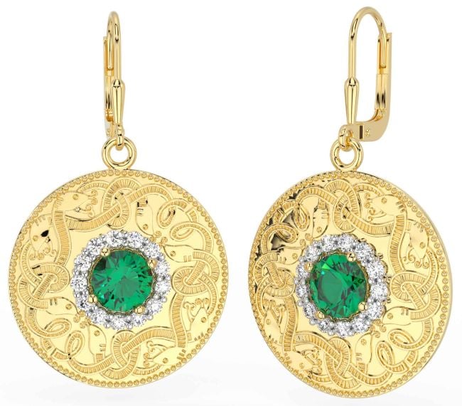 Diamond Emerald Gold Silver Celtic Warrior Dangle Earrings