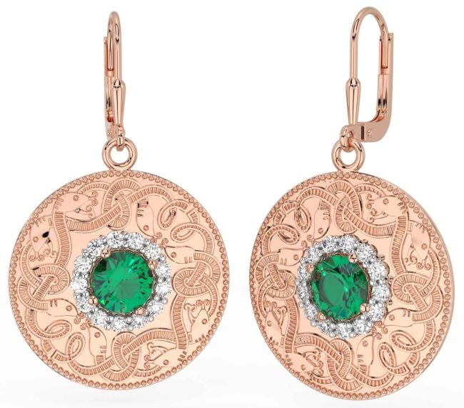 Diamond Emerald Rose Gold Celtic Warrior Dangle Earrings