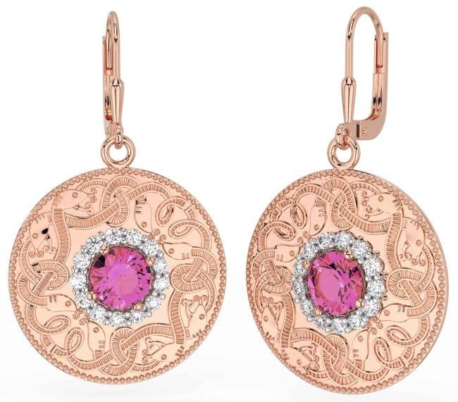 Diamond Pink Tourmaline Rose Gold Celtic Warrior Dangle Earrings