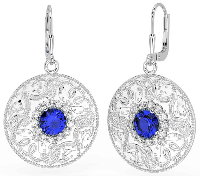 Diamond Sapphire White Gold Celtic Warrior Dangle Earrings