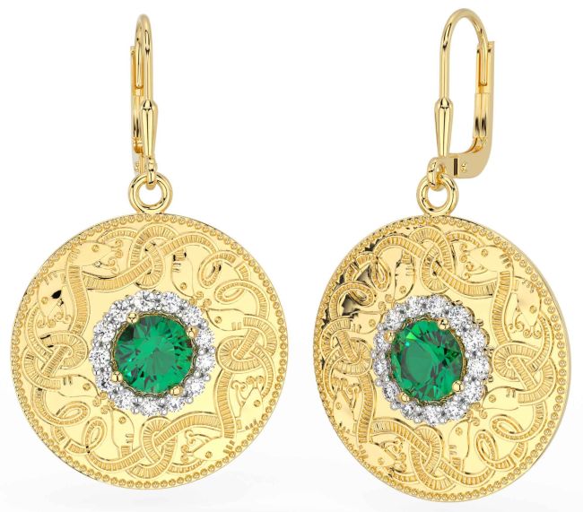 Diamond Emerald Gold Celtic Warrior Dangle Earrings