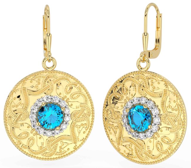 Diamond Topaz Gold Celtic Warrior Dangle Earrings