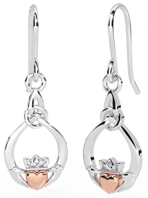 Rose Gold Silver Claddagh Dangle Earrings