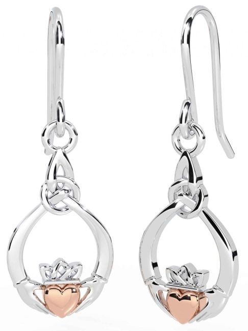 White Rose Gold Claddagh Dangle Earrings