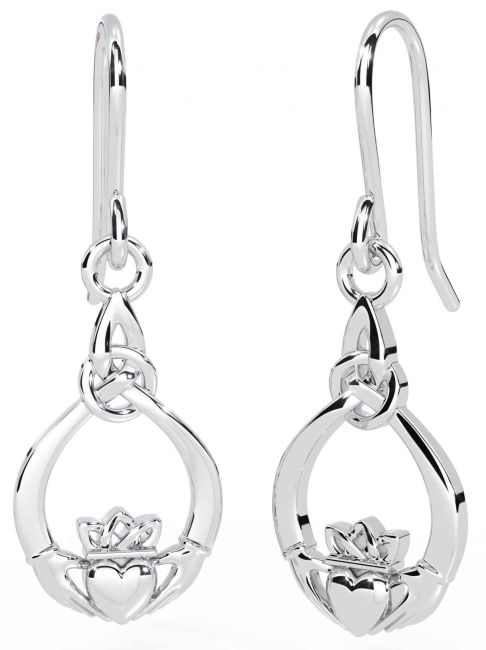 White Gold Claddagh Dangle Earrings