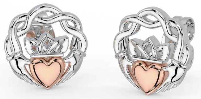 Rose Gold Silver Celtic Claddagh Stud Earrings