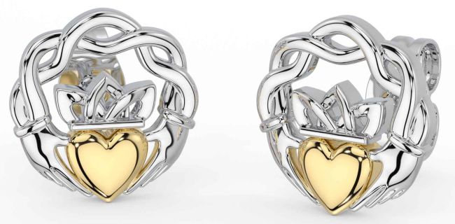 White Yellow Gold Celtic Claddagh Stud Earrings